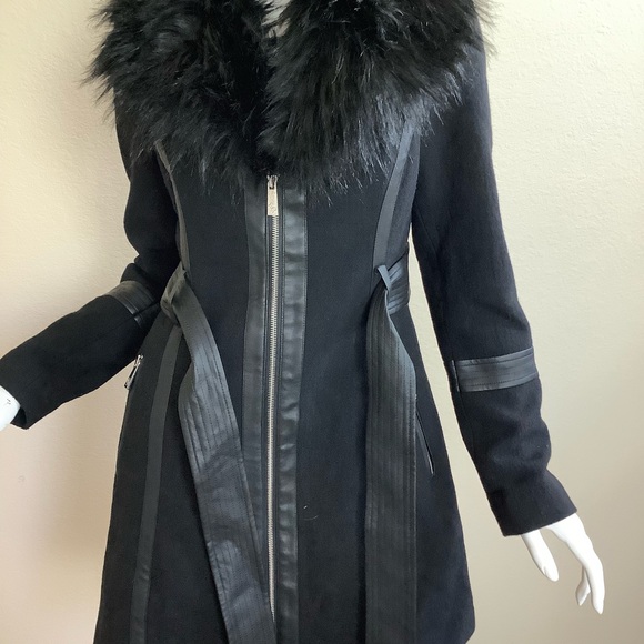 Guess Black Faux Fur Trimmed Wool Coat - Picture 14 of 16